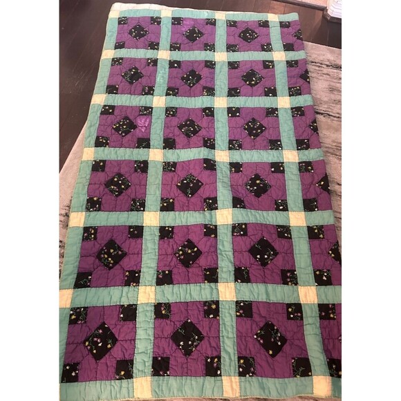 Antique Hand Stitched Square Patchwork Lattice Quilt Cream Backing 64W X 74L Rck - Picture 3 of 12